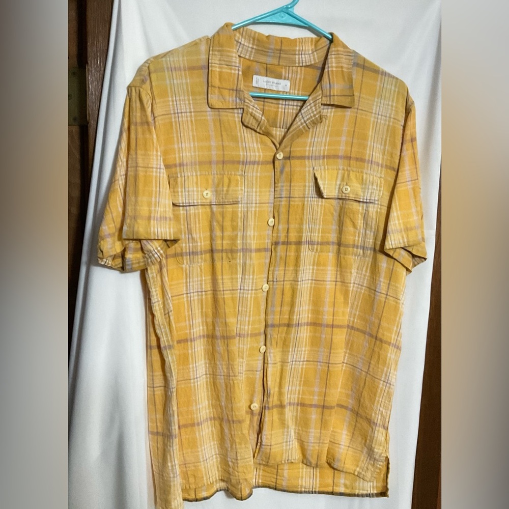 Lucky Brand Los Angeles: plaid yellow/mustard color shirt size med short sleeve